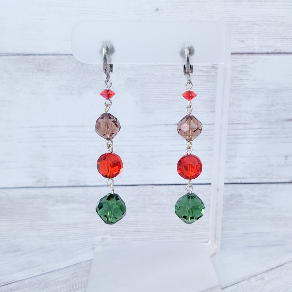 Vintage Clip On Earrings - Red, Green, Tan Dangle Extra Long 2.75"